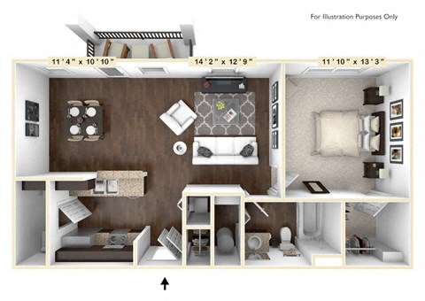 Floor plan for 1 bed, 1 bath, 779 sqft
